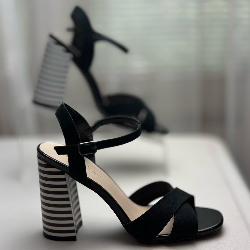 Nicole Miller 4.5” Heeled Black and White Striped Sandal